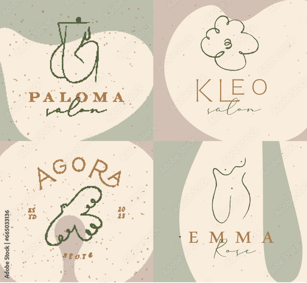 Labels art style woman back, torso, cloud, bird with lettering drawing on pastel color background