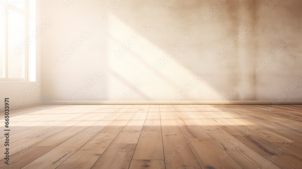 Room interior empty space background mock up, sunlight and shadows room walls and blank parquet floor