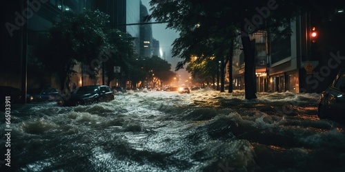 Flooded city street   concept of Urban water damage