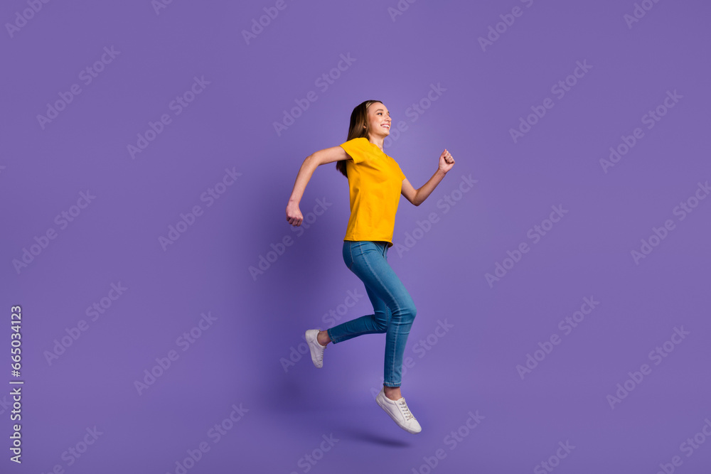 Full length body size photo of girl having noticed someone she likes on another side of road isolated background Full length body size photo of girl having noticed someone she likes on another side of road isolated background