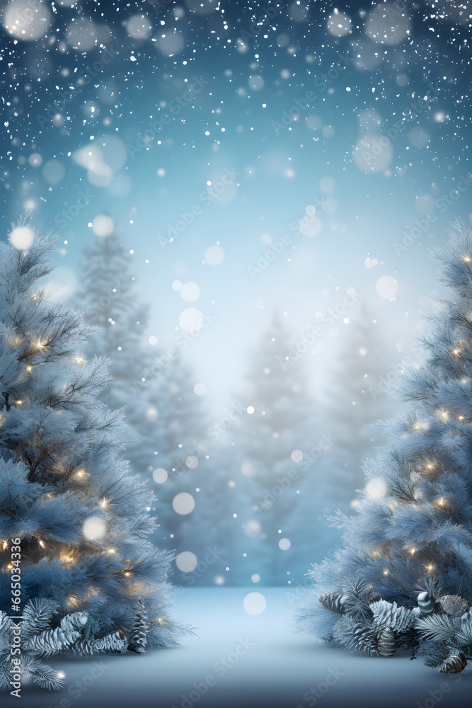 Winter Wonderland, Festive Blurred Background with Snow-Adorned Christmas Tree