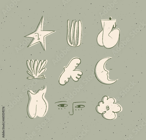 Obraz na płótnie Icons art style star, plant, woman, bird, moon, eyes cloud drawing on green background w salonie