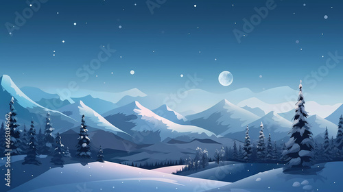 Winter night with snowy landscape ,christmas tree and mountain background.winter background illustration. © Spaces