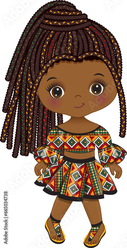 Vector Cute Little Black Girl in Kente Blouse and Skirt