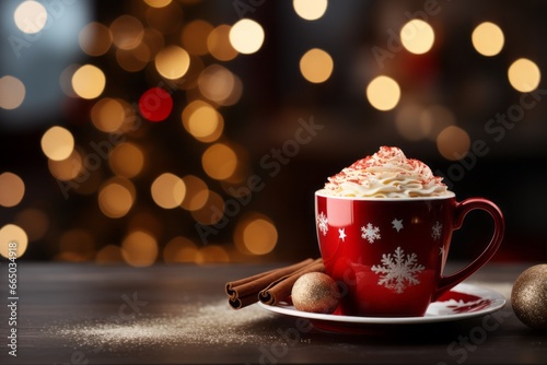Red cup of hot chocolate with whipped cream and cinnamon on an empty table with blurred background lights, Christmas celebration