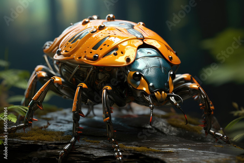 A surreal scene of a crawling beetle with an alien-like appearance. Generative Ai.