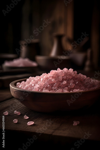 Pink salt in a pot on the kitchen wooden table. Generative AI