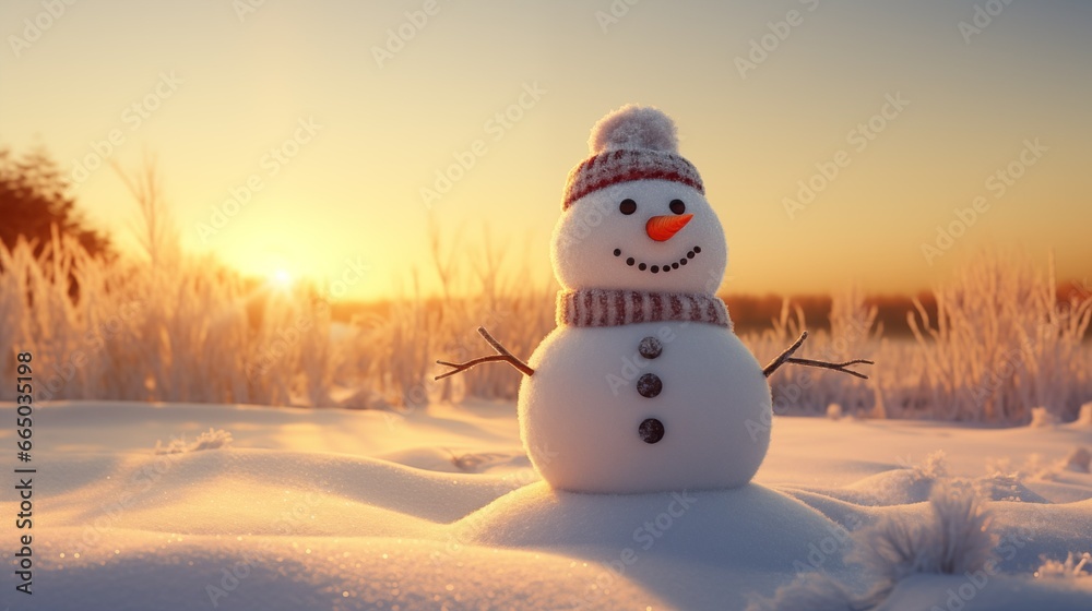 Obraz premium Winter Holidays Background: A Sunlit Snowman on Snowy Plains, Wishing a Merry Christmas and Happy New Year, Generative AI