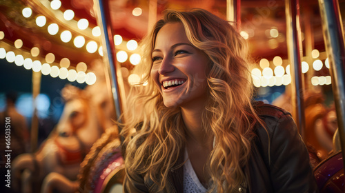 Blonde woman smiling on carousel horse in chemical plant at night.