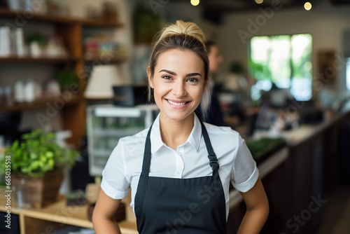 Smiling  young and attractive saleswoman  cashier serving customers close-up portrait