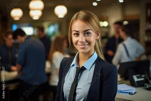 Smiling, young and attractive saleswoman, cashier serving customers close-up portrait