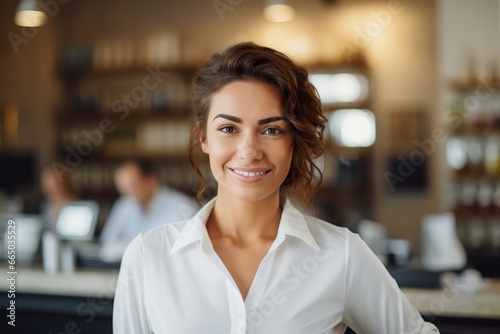 Smiling  young and attractive saleswoman  cashier serving customers close-up portrait