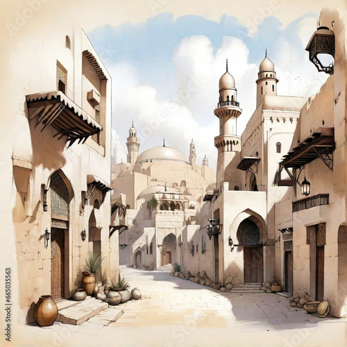 Architectural sketch of an old islamic arabic town. Created using generative AI tools