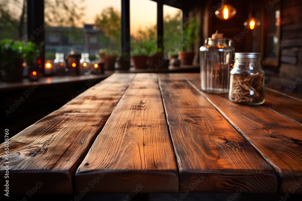 Wooden table on blurred kitchen bench background. Empty wooden table and blurred kitchen background Wooden table on blurred kitchen bench background. Empty wooden table and blurred kitchen background