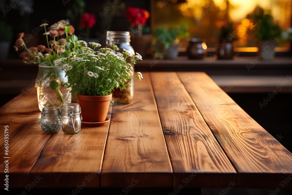 Wooden table on blurred kitchen bench background. Empty wooden table and blurred kitchen background