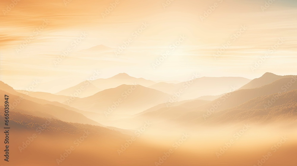 Natural fog and mountains sunlight background blurring, misty waves warm colors and bright sun light. Christmas background sky sunny color orange light patterns, abstract flare evening on clouds blur - obrazy, fototapety, plakaty 