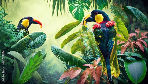 Tropical background with lush plants and exotic birds in vivid colors in a tropical jungle. Illustration created from generative AI © juanorihuela