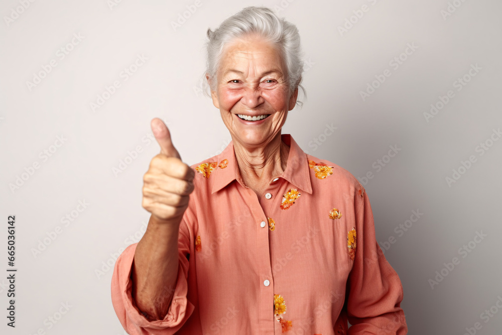 Cheerful mature woman smiling and thumbs up, close up portrait, senior lady giving positive feedback or highly recommend something. Cheerful mature woman smiling and thumbs up, close up portrait, senior lady giving positive feedback or highly recommend something.