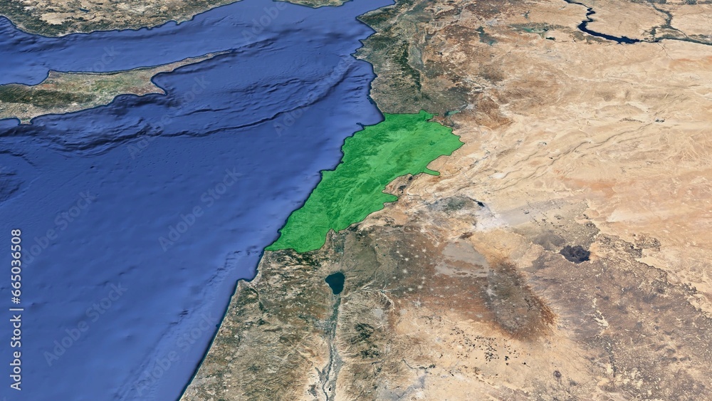 A 3D satellite image map of the earth showing Lebanon highlighted in green. No text. - obrazy, fototapety, plakaty 