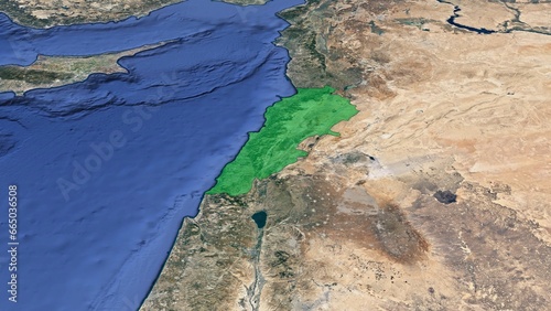 A 3D satellite image map of the earth showing Lebanon highlighted in green. No text.