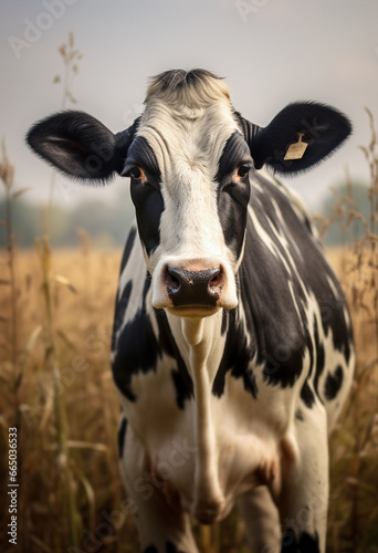 Black and white cow standing in a field of tall grass looking directly at the camera