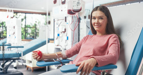Photos Caucasian Woman Donating Blood For People In Need In Hospital