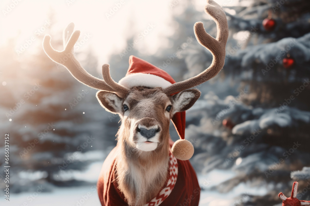Adorable festive Reindeer in Santa Claus hat and Christmas clothes in snowy winter nature looking at camera, New year and Christmas Card. xmas time. Adorable festive Reindeer in Santa Claus hat and Christmas clothes in snowy winter nature looking at camera, New year and Christmas Card. xmas time.