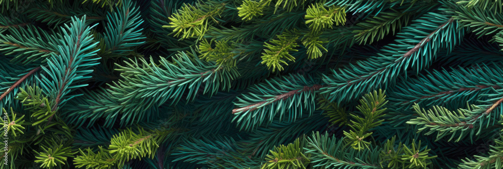 close-up banner Christmas fir or pine tree branches Background. Green spruce wallpaper. Copy space.