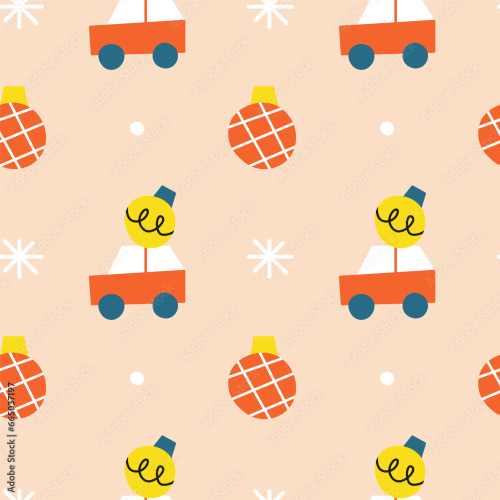 Fototapeta premium Seamless pattern with Christmas balls, snowflakes and cars.