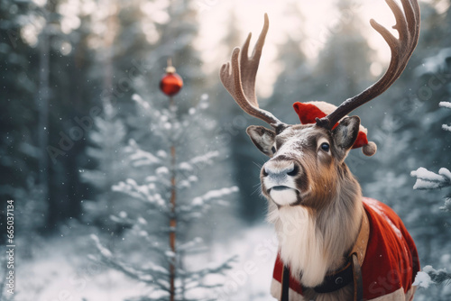 Adorable festive Reindeer in Santa Claus hat and Christmas clothes in snowy winter nature looking at camera, New year and Christmas Card. xmas time.