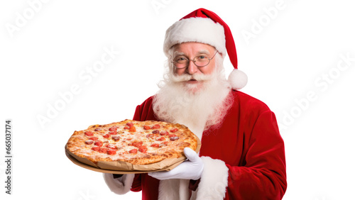 Santa Claus holding a pizza on Christmas isolated on transparent background.