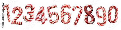 Set of candy cane numbers for Merry Christmas and Happy New Year isolated on transparent background.