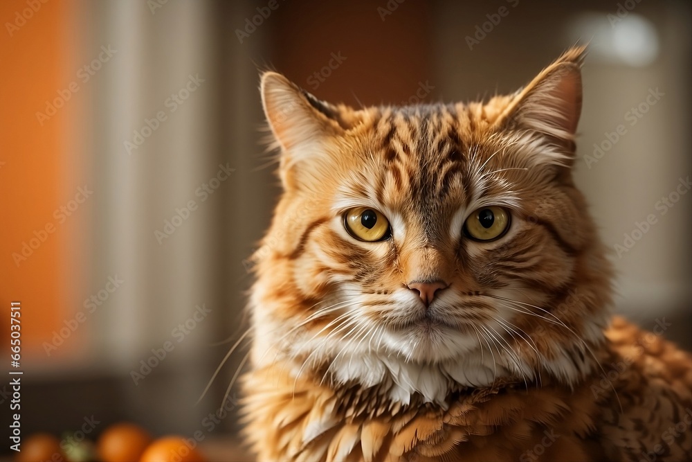 A photo of an orange and white cat with fluffy fur and orange eyes, posing in a kitchen with orange walls.
