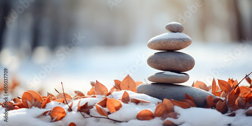 Winter Zen, Balancing Stones in Snow for Winter Yoga,