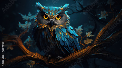 Beautiful owl at night sitting on a branch in the wood as wallpaper background illustration