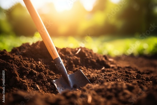 Closeup view of a shovel buried in the soil with shallow depth of field. Generative AI photo
