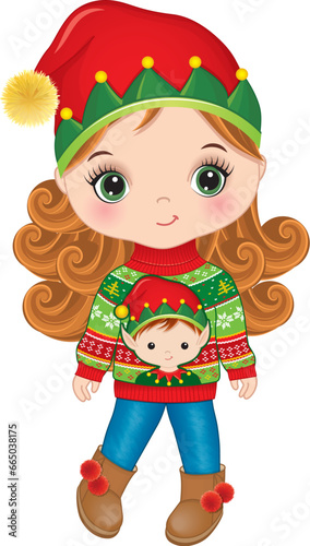Vector Image of Cute Girl Wearing Elf Hat and Christmas Sweater