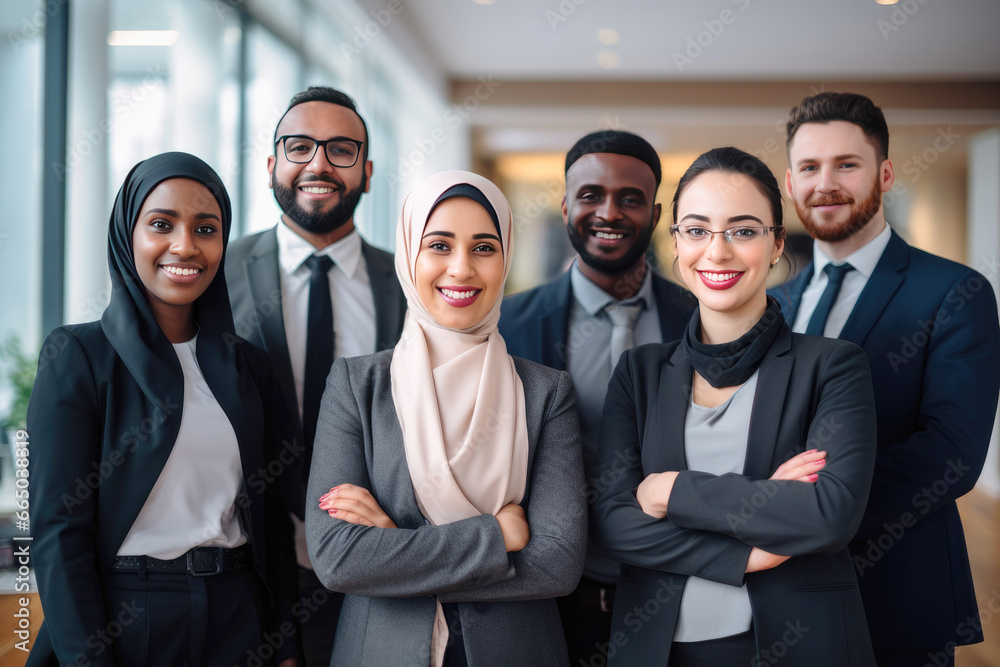 Obraz premium Multicultural business team smiling at the camera in an office