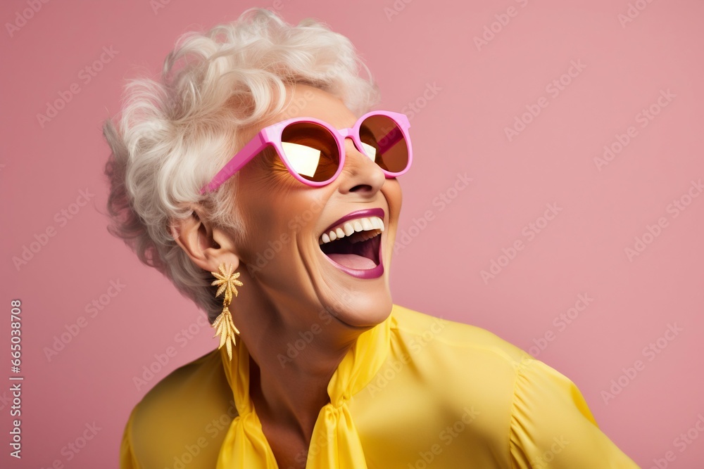 Joyful Senior Fashionista: Radiant Laughter in Studio. Generative ai