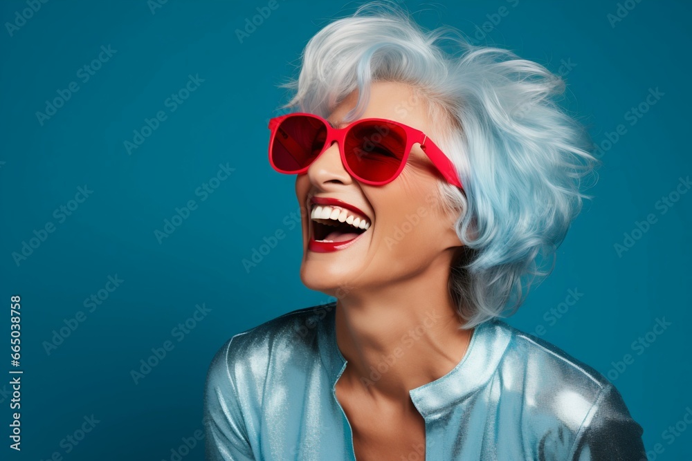 Joyful Senior Fashionista: Radiant Laughter in Studio. Generative ai Joyful Senior Fashionista: Radiant Laughter in Studio. Generative ai