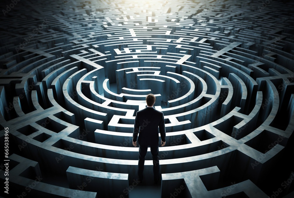 Man Facing Vast Maze at Dawn. Generative ai Man Facing Vast Maze at Dawn. Generative ai