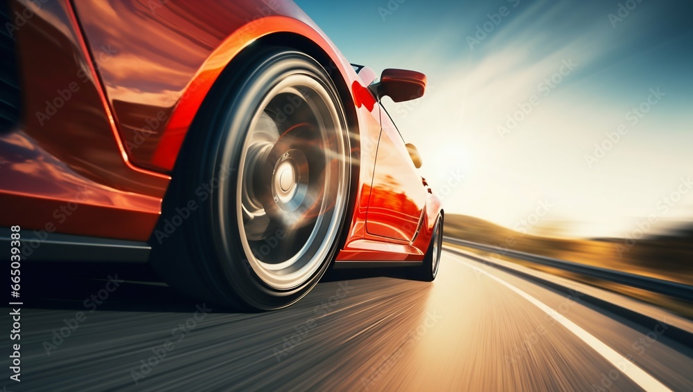 Speeding Sports Car Wheel Close-Up on Highway. Generative ai