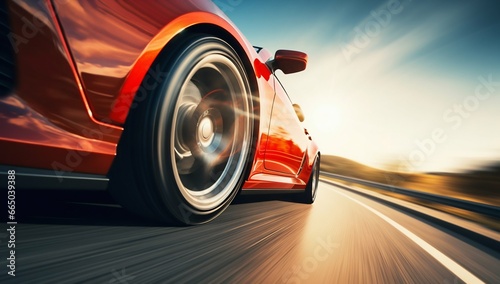 Speeding Sports Car Wheel Close-Up on Highway. Generative ai © Scrudje