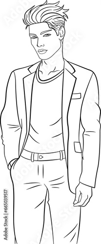 Handsome Male Model for Coloring. Vector Illustration of a Stylish Young Man. Fashion model Posing. Urban casual style