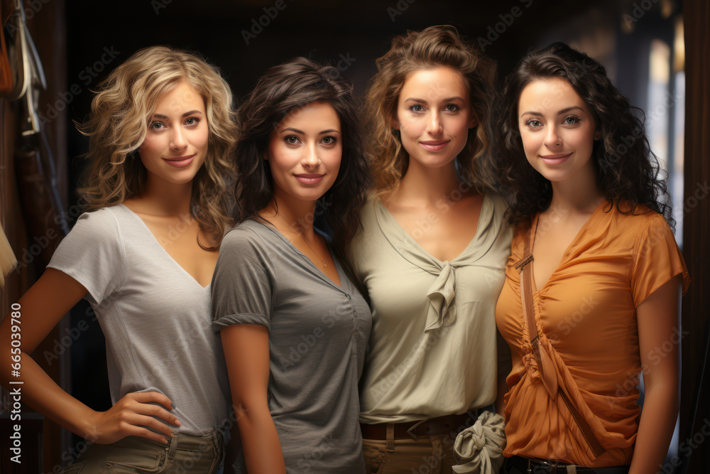 Group of smiling females standing together. Four women of different body types and skin tones looking at camera. Generative Ai.