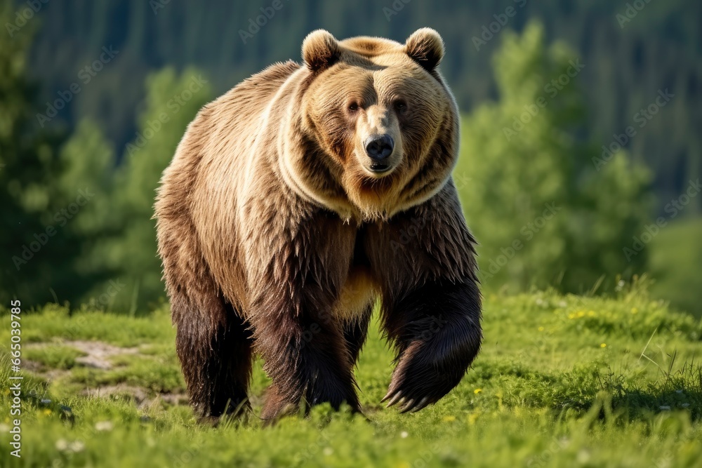 Brown bear moving on the green meadow in springtime nature.