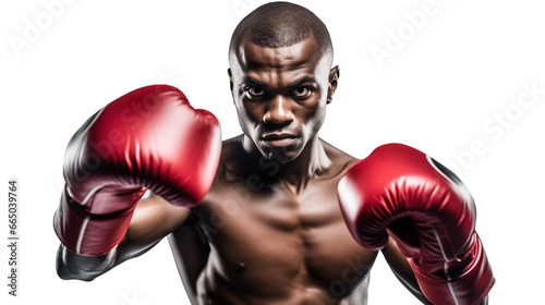 Portrait of young muscular african american male boxer looking at camera, wearing boxing gloves, png transparent