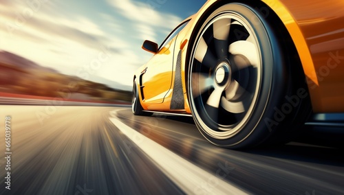 Speeding Sports Car Wheel Close-Up on Highway. Generative ai © Scrudje