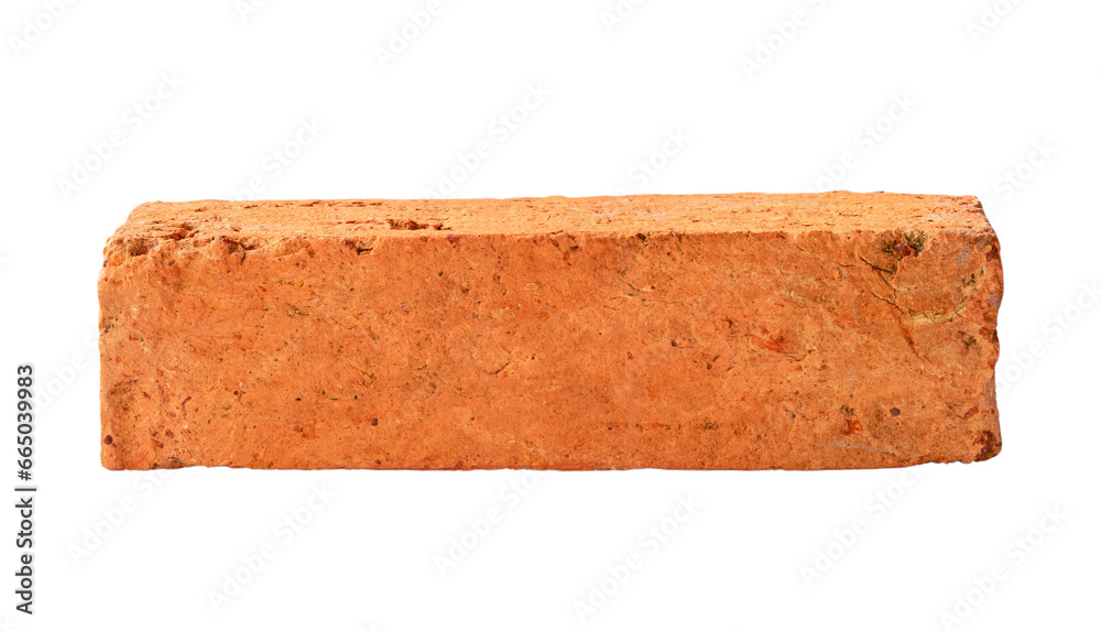 Single old cracked red or orange brick isolated with clipping path in png file format
