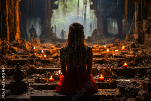 Mysterious temple, back view of meditating woman with candle.